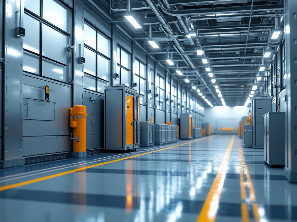 Pasillo interior de una moderna instalación industrial con luces brillantes, paredes metálicas grises, paneles eléctricos naranjas y suelo brillante con líneas amarillas.
