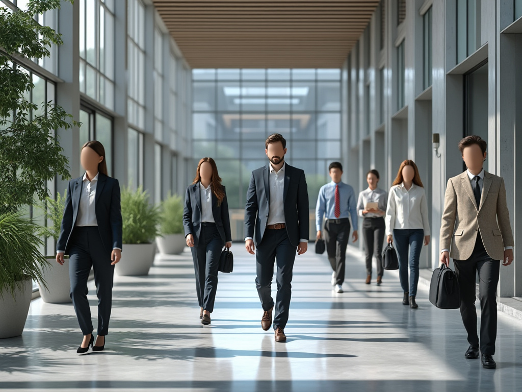 Grupo de profesionales caminando en un pasillo moderno con ventanas grandes y plantas, vestidos con trajes formales.