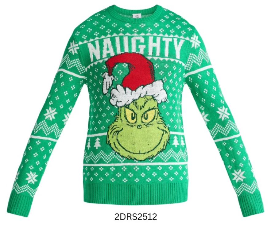 2DRS2512
THE GRINCH SWEATER
SIZES: M, L, XL, 2XL, 3XL
12 CS/PK

