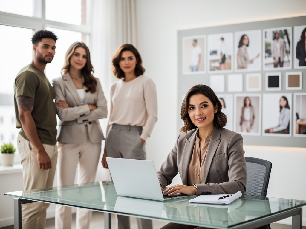 Fashion design team in modern studio with mood board and laptop at glass desk