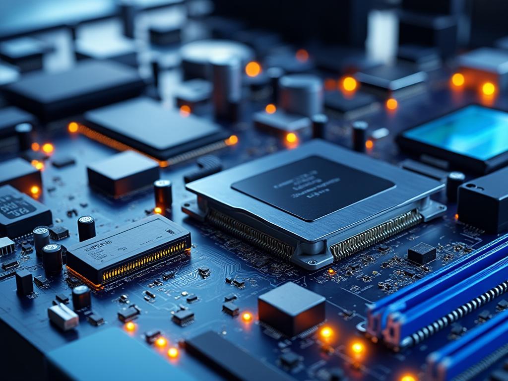 Tarjeta madre de computadora con procesador y componentes electrónicos iluminados.