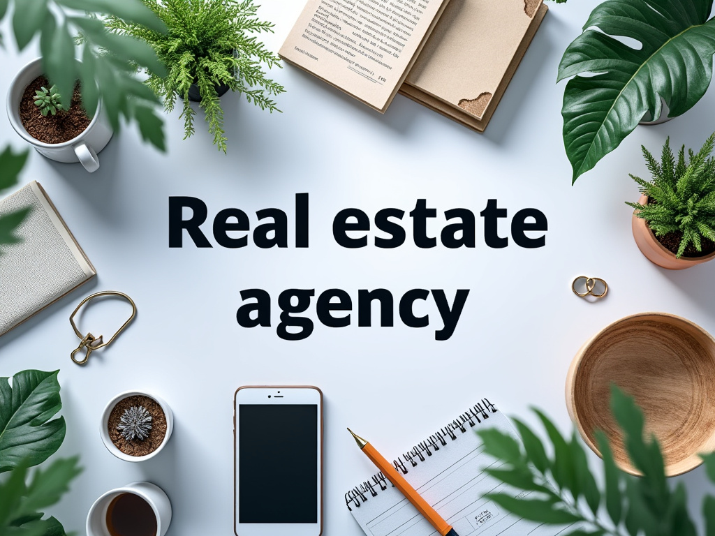 Escritorio organizado con plantas, teléfono, cuaderno y texto 'Real estate agency' en el centro.