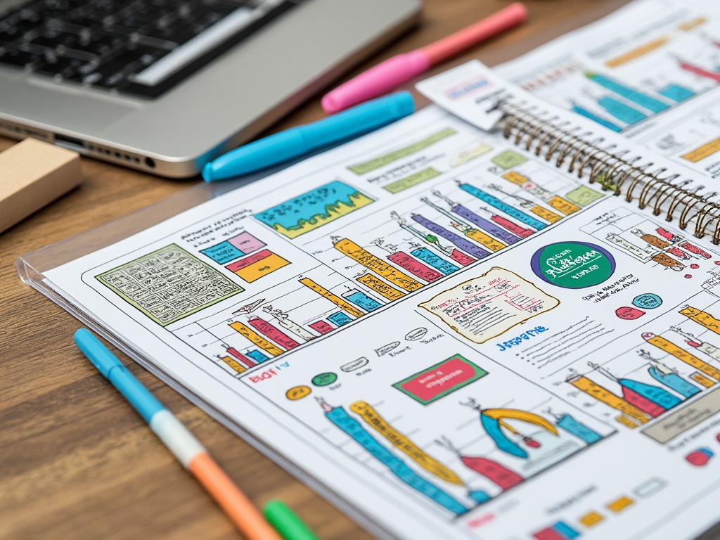Hoja de papel con gráficos y diagramas coloridos junto a una computadora portátil y bolígrafos sobre un escritorio de madera.