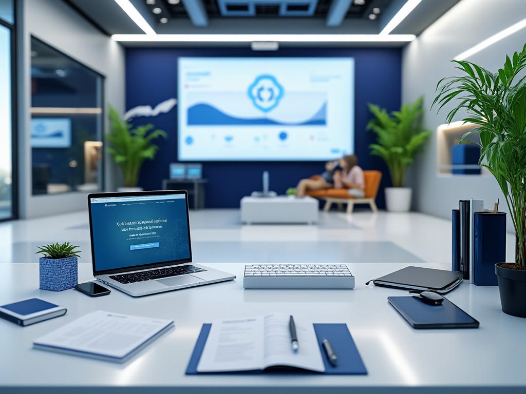 Oficina moderna con mesa blanca, computadora portátil, cuaderno, smartphone y plantas en macetas, con sala de reuniones y pantalla de presentación al fondo.