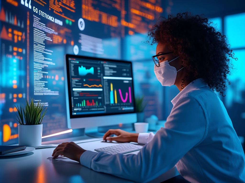 Woman in mask analyzing data on computer monitors in a high-tech office environment. Woman in mask analyzing data on computer monitors in a high-tech office environment.