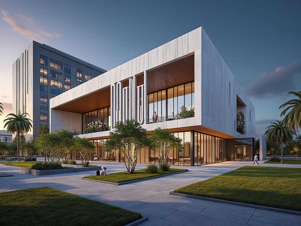 Edificio moderno con amplias ventanas, rodeado de árboles y palmeras, al atardecer.