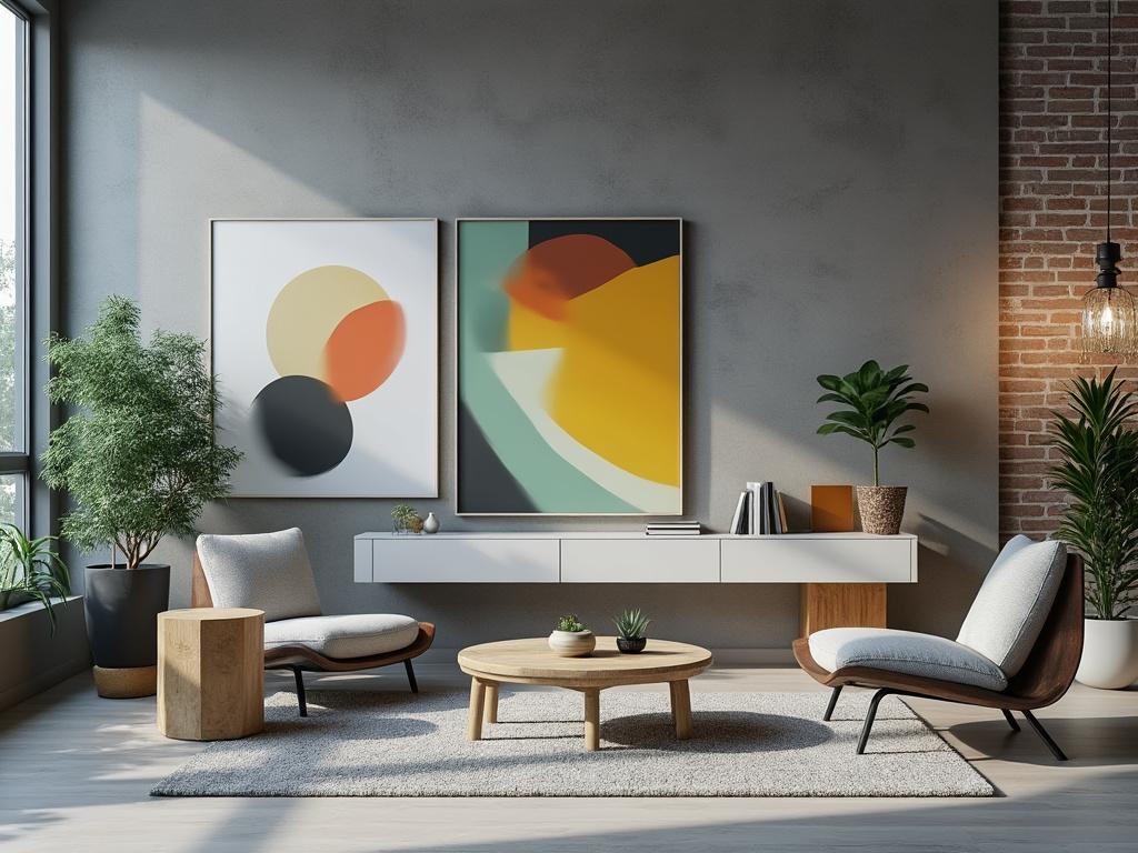 Sala de estar moderna con sillones, mesa de centro de madera, plantas decorativas y arte abstracto en la pared.