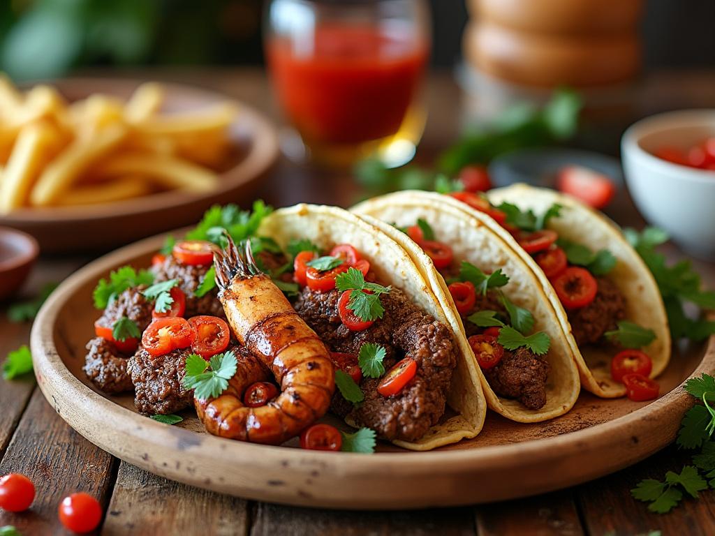 Plato de tacos con carne, camarón a la parrilla, rodajas de chile, y cilantro en una mesa de madera.
