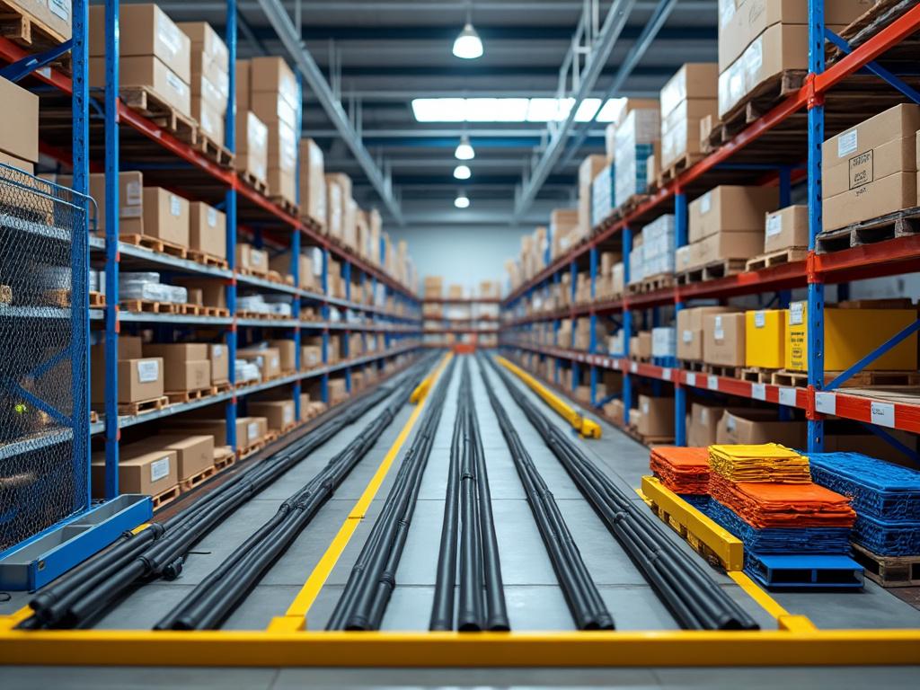 Pasillo de almacén con estanterías llenas de cajas de cartón y paquetes organizados.