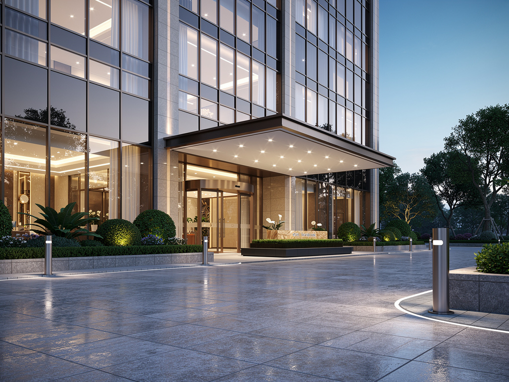 Entrada iluminada de edificio moderno con fachada de cristal, jardines y acceso elegante al atardecer