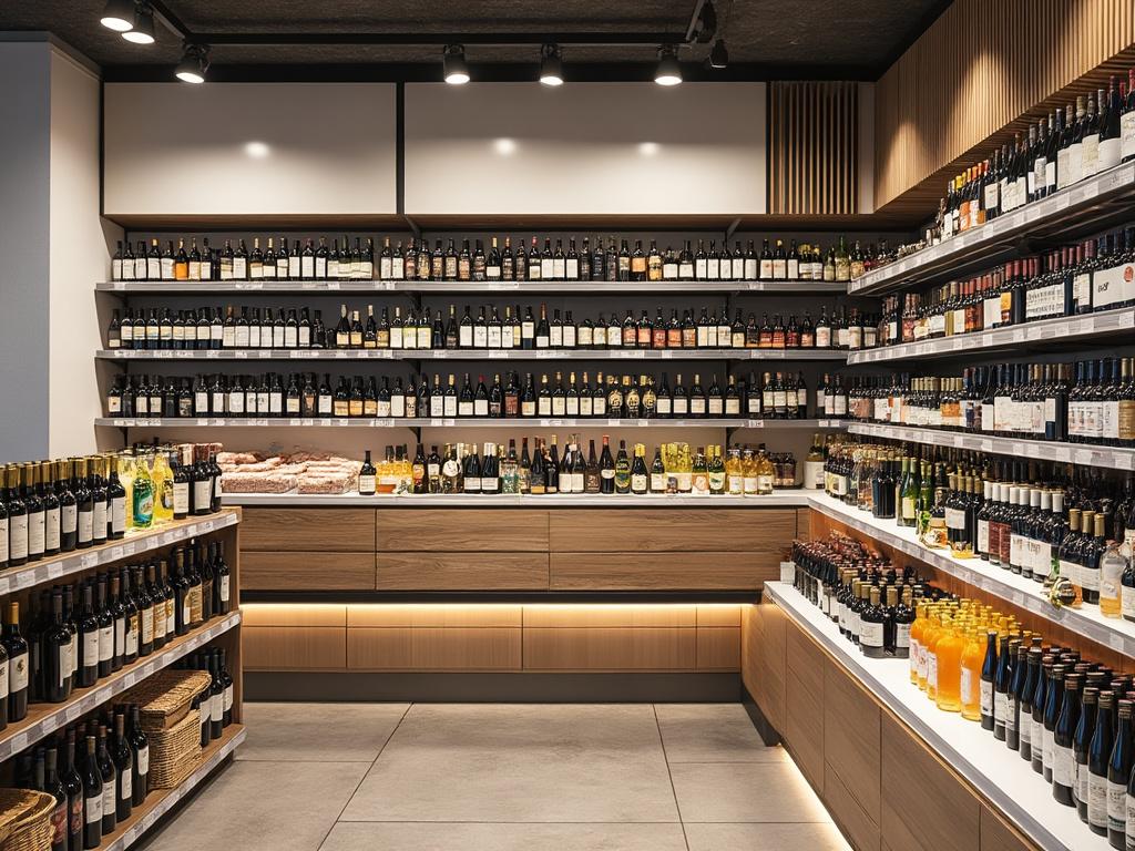Interior de una tienda de vinos bien iluminada, con estantes llenos de botellas de varias marcas, organizada en un diseño moderno y minimalista.
