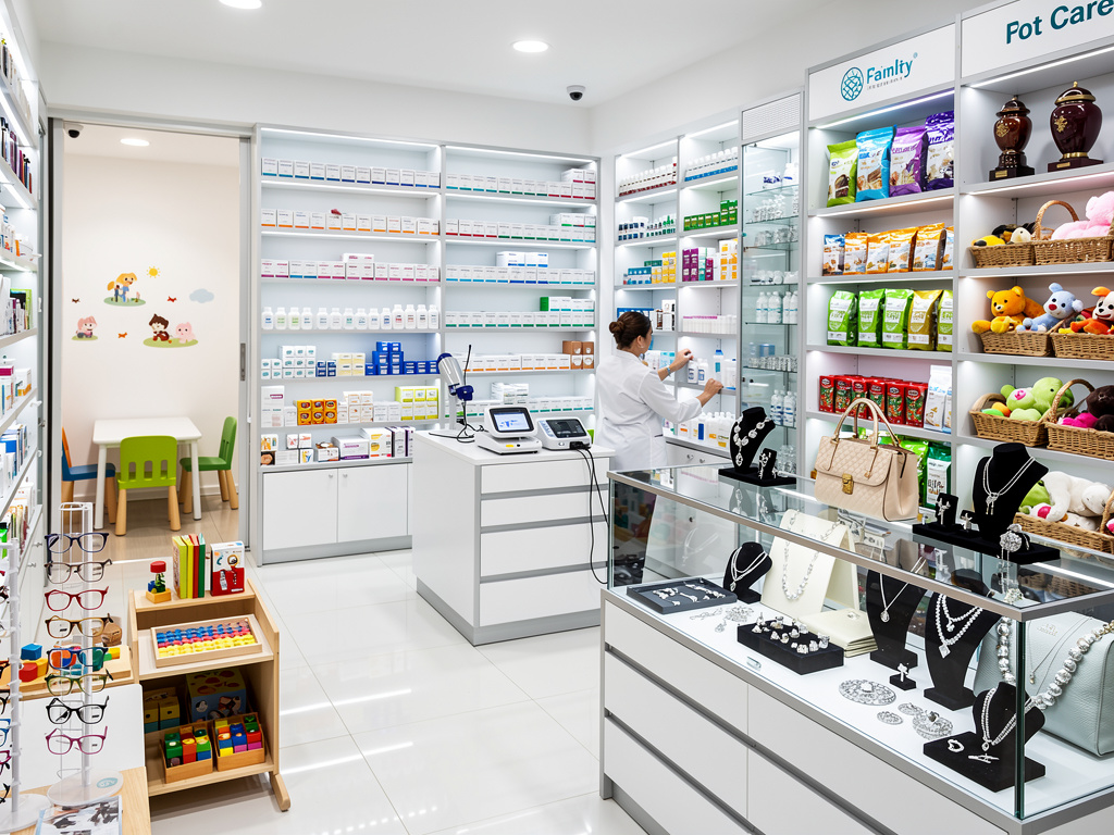 Interior de clínica veterinaria y tienda de mascotas con farmacéutica, medicamentos, accesorios, juguetes y vitrina de joyería
