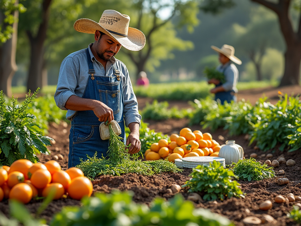 Agricultor con sombrero recolectando verduras frescas en huerto, con naranjas y calabazas en primer plano.