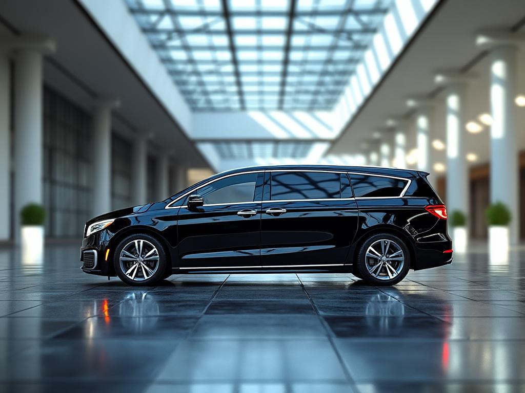 Furgoneta negra estacionada en un interior moderno con techo de vidrio.