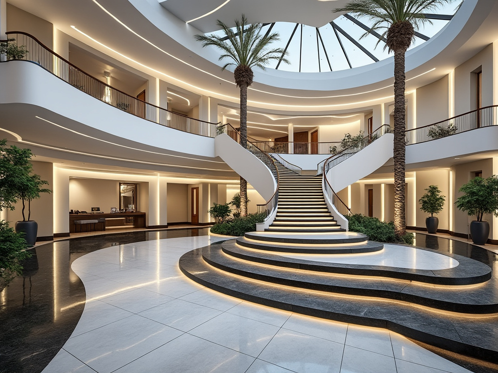 Interior de lujo con escaleras curvas, palmeras y techo de cristal en un vestíbulo elegante.