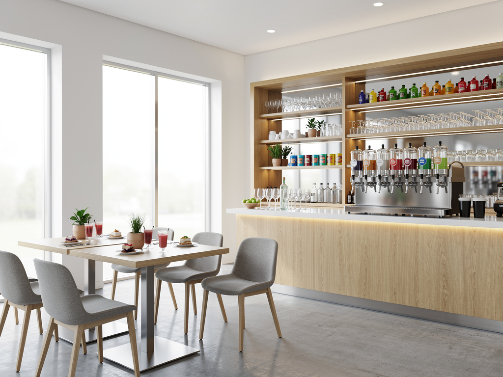Interior moderno de cafetería con barra de madera, máquina de café, estanterías con botellas y mesa con bebidas junto a ventanales