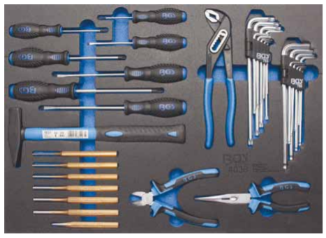 Bandeja para carro 3/3: Juego de martillo, alicates, destornilladores | 36 piezas