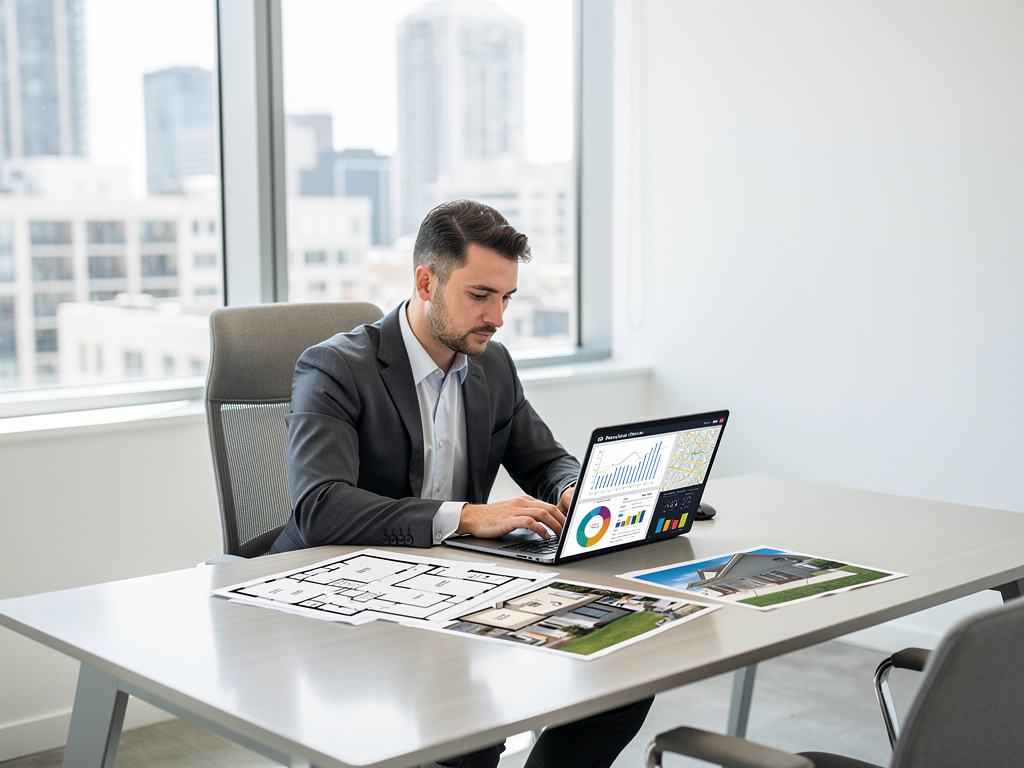 Agente inmobiliario analizando datos de mercado en portátil con planos y fotos de propiedades en oficina moderna
