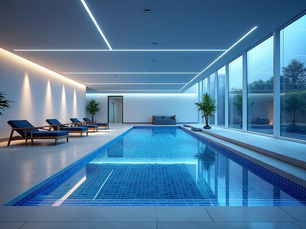 Piscina cubierta moderna con iluminación LED, tumbonas y plantas al fondo, rodeada de amplias ventanas.