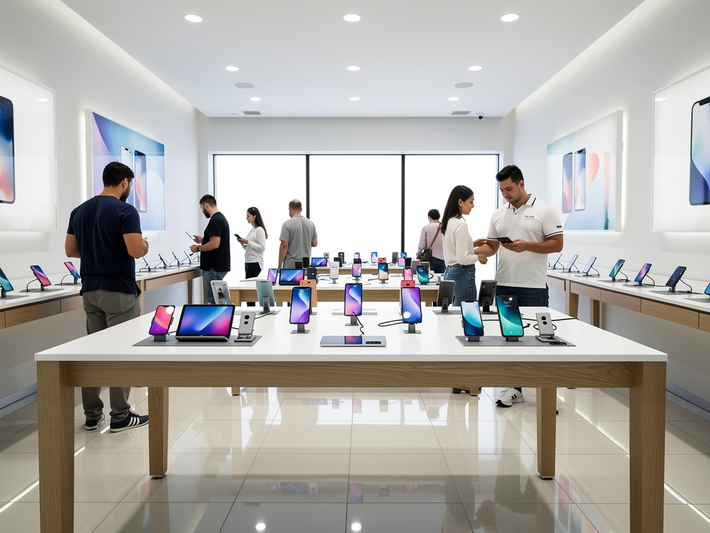 Tienda moderna de smartphones con clientes probando teléfonos móviles y tabletas en mesas de exhibición iluminadas