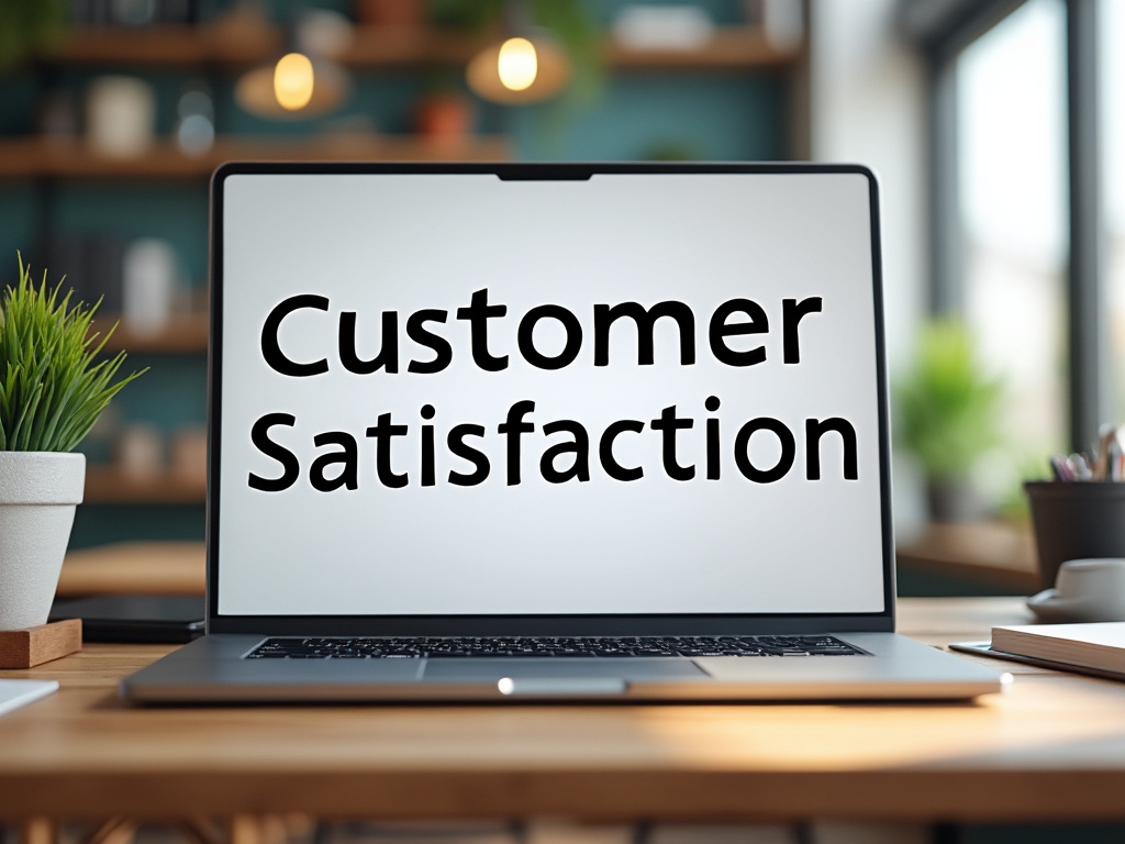 Ordenador portátil en escritorio con texto 'Customer Satisfaction' en pantalla, resaltando la importancia de la satisfacción del cliente.