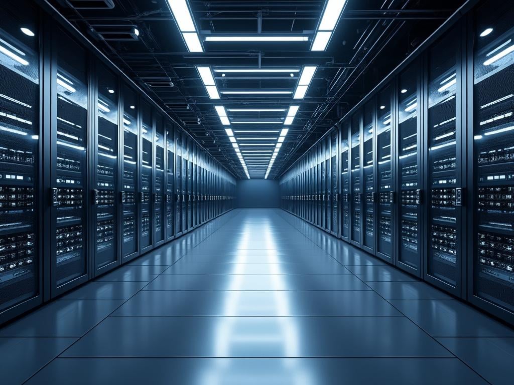 Modern data center aisle with rows of server racks and bright overhead lighting.