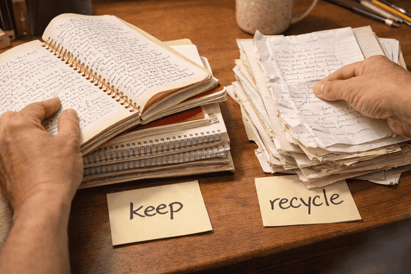 Sorting old school notebooks into keep and recycle piles for decluttering Sorting old school notebooks into keep and recycle piles for decluttering