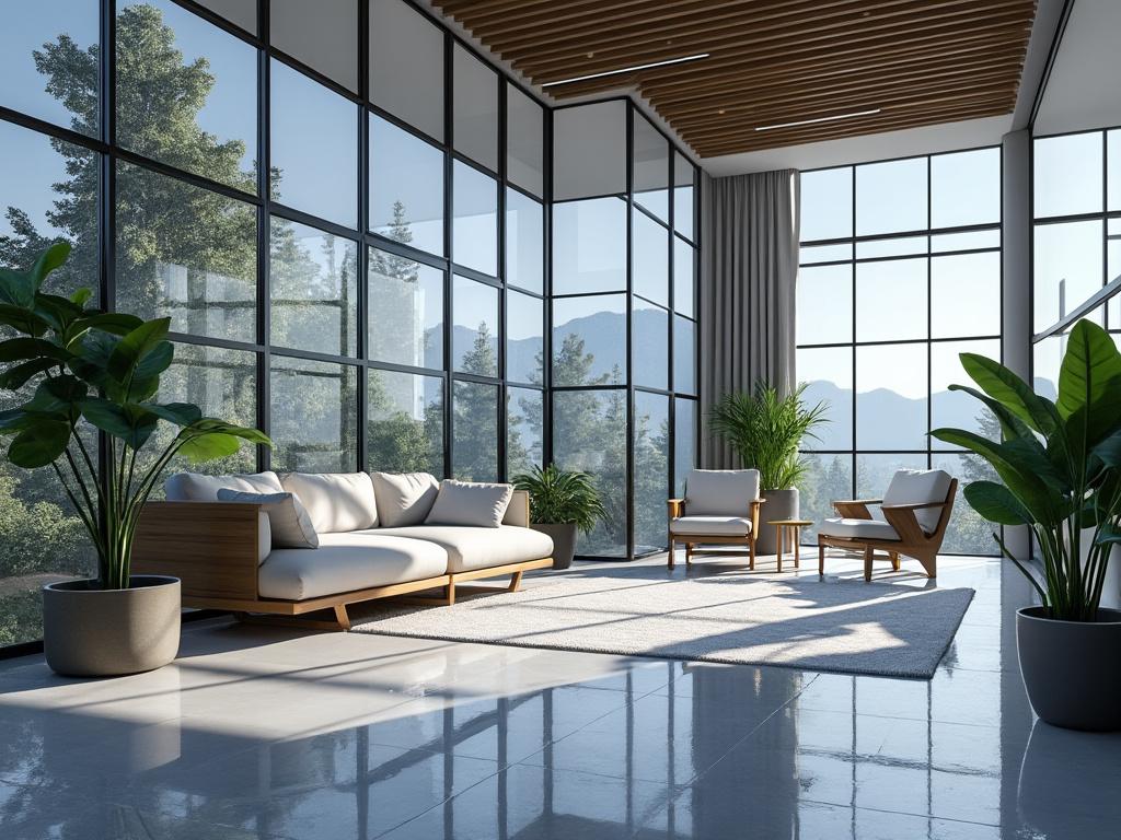 Sala moderna con grandes ventanales, muebles de madera clara y plantas decorativas, vista exterior de montañas.