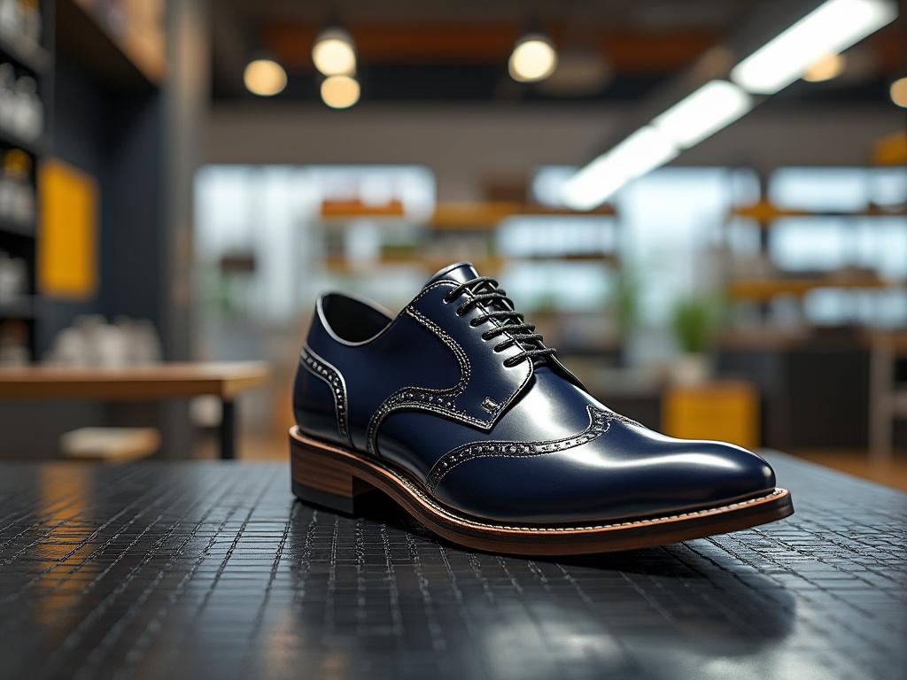 Zapato de cuero azul oscuro con detalles de costura blanca, en una superficie de textura cuadriculada, con un fondo de tienda desenfocado.