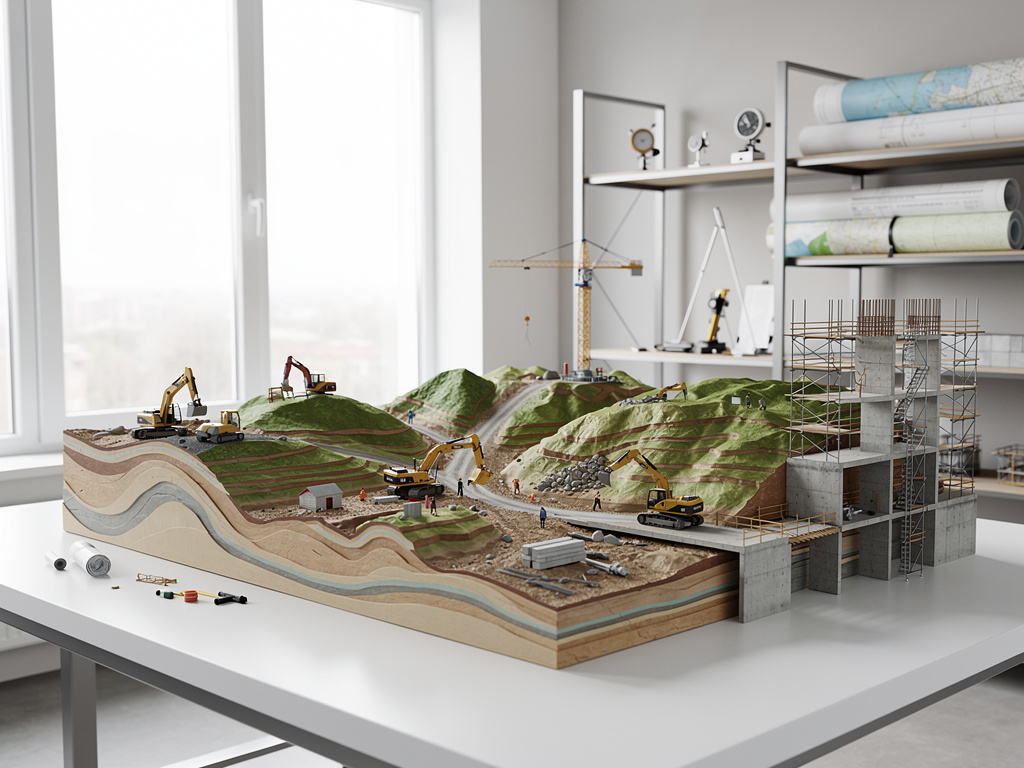 Maqueta de obra civil con excavadoras, capas geológicas, colinas y edificio en construcción sobre mesa de estudio