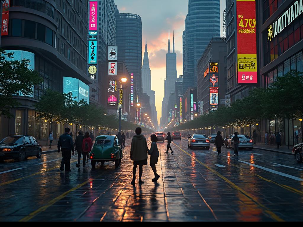 Calle urbana al atardecer con transeúntes y coches, edificios altos con luces de neón y carteles publicitarios.