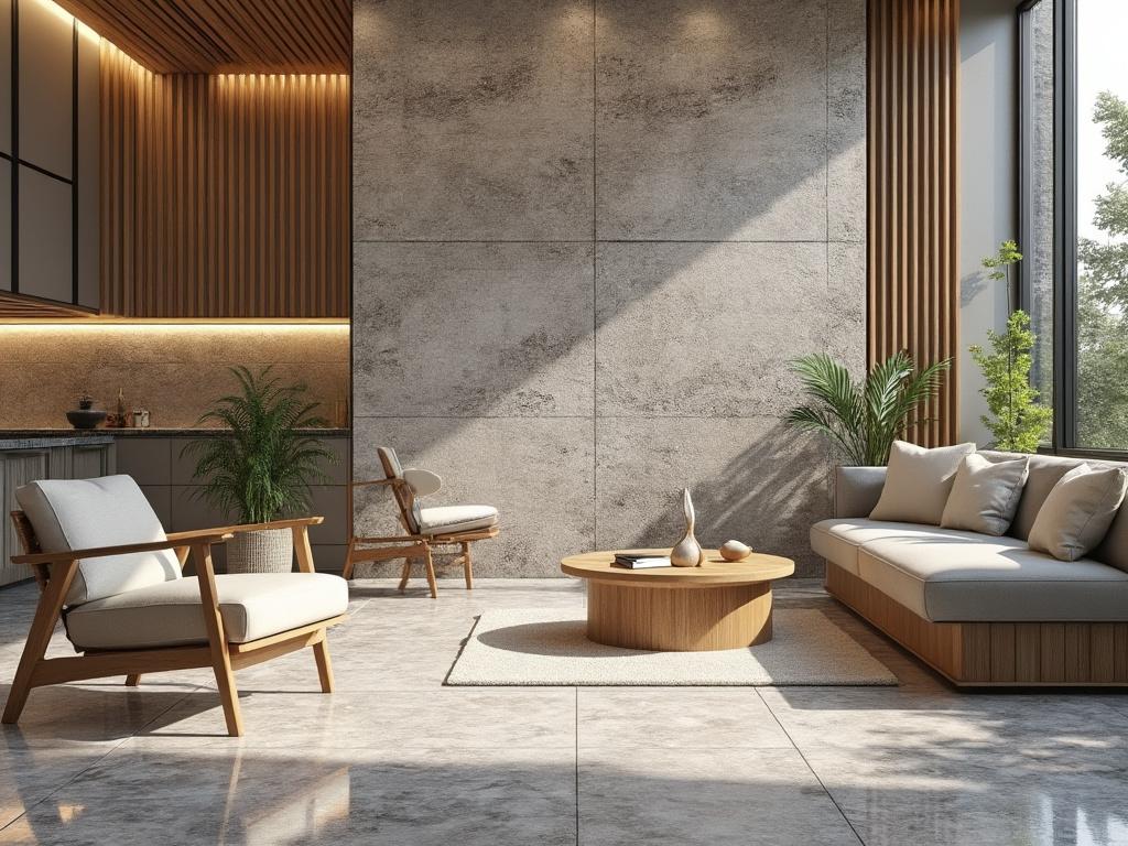 Sala de estar moderna con muebles de madera, sofá gris claro, mesas de centro, decoración minimalista y plantas junto a una ventana grande.