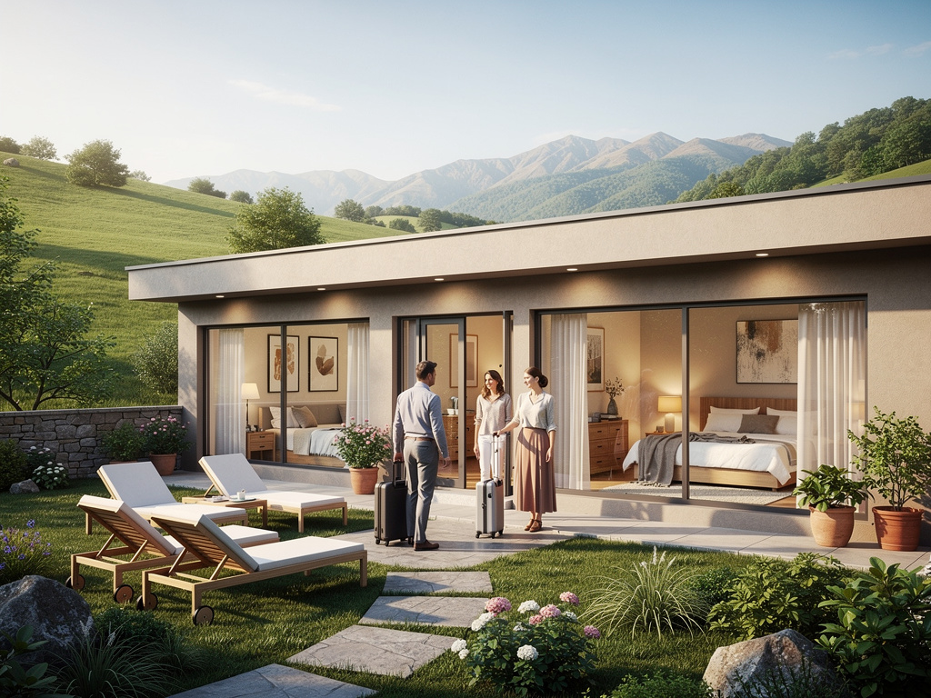 Casa moderna de vacaciones con jardín, tumbonas y huéspedes con maletas frente a montañas verdes