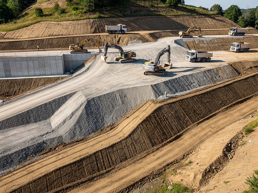 Obra de construcción de carretera con excavadoras, camiones volquete y maquinaria pesada en terreno excavado