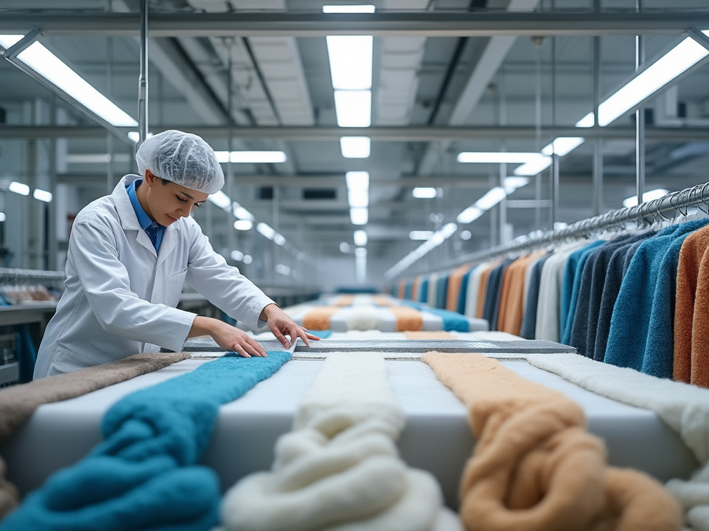 Trabajadora inspeccionando telas de colores en una fábrica textil moderna