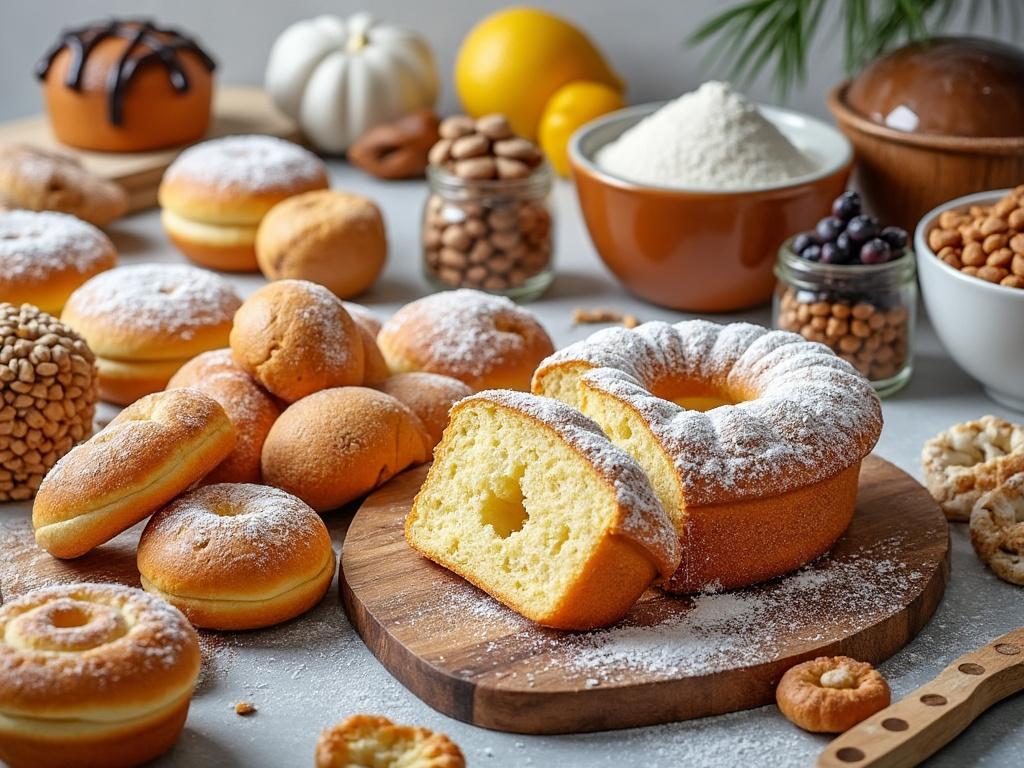 Variedad de pasteles y repostería sobre la mesa, incluyendo donuts y bizcocho espolvoreado con azúcar glas.