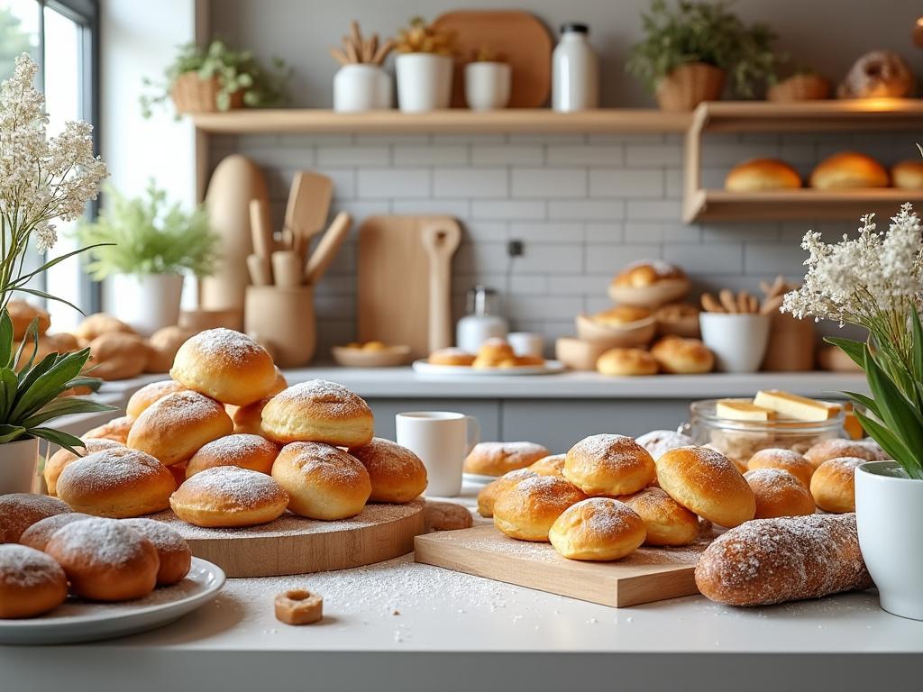 Horno de cocina con bandejas de bollos y panes recién horneados, decorados con azúcar glas, plantas en macetas y utensilios de cocina al fondo.