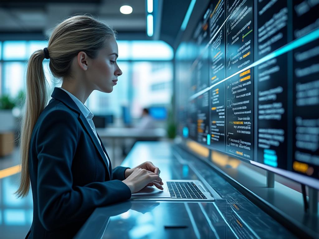 Mujer joven en traje profesional trabajando en una computadora portátil frente a una gran pantalla digital con datos y gráficos en una oficina moderna.