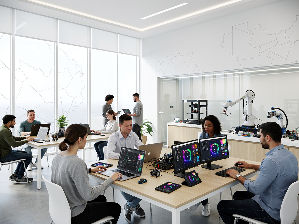 Equipo de ingenieros trabajando en un laboratorio moderno de robótica e inteligencia artificial con computadoras, brazos robóticos y prototipos