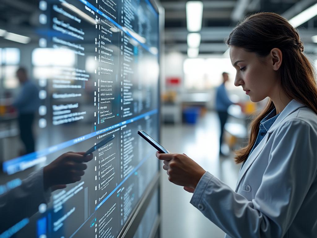 Mujer joven en laboratorio utilizando su teléfono frente a una pantalla grande con datos y código.