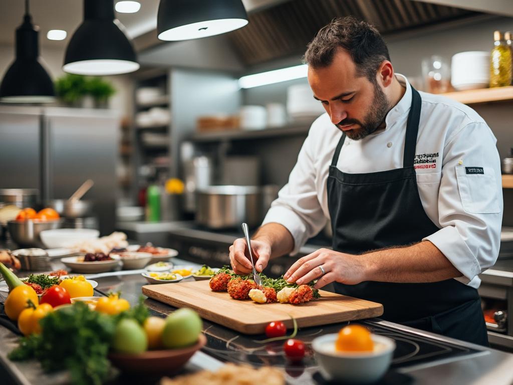 Chef profesional preparando un plato gourmet en cocina moderna con ingredientes frescos y coloridos en la mesa.