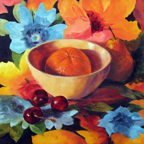 Orange & Cherries-10" x 10"    Oil on gallery wrapped canvas     SOLD
