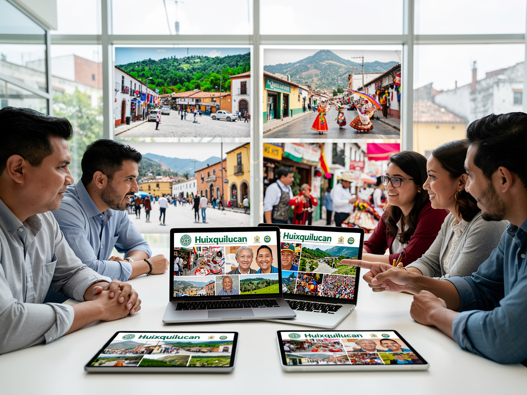 Equipo de trabajo diseñando contenido turístico digital de Huixquilucan con laptops y tablets en sala de reuniones