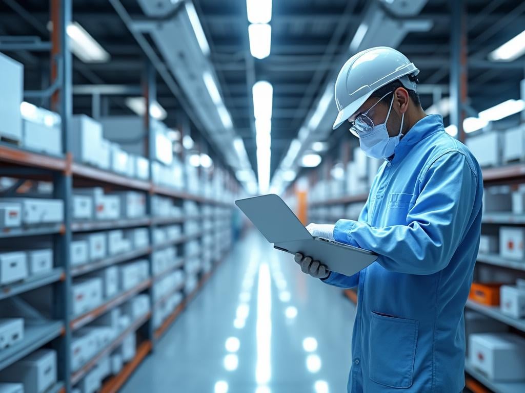 Engineer in protective gear working on laptop in a warehouse with shelves of boxes