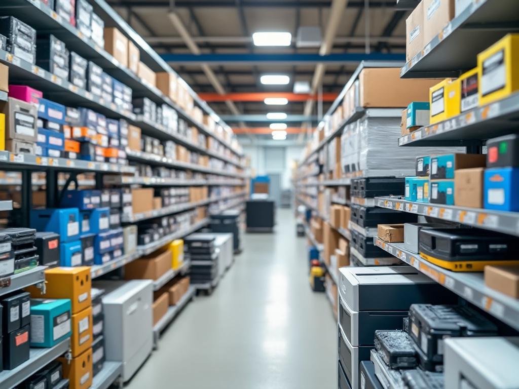 Pasillo de almacén con estantes llenos de cajas y productos electrónicos organizados.