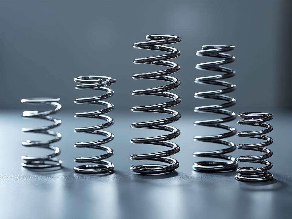 Cinco resortes de diferentes tamaños en una superficie, resplandecen con luz suave.