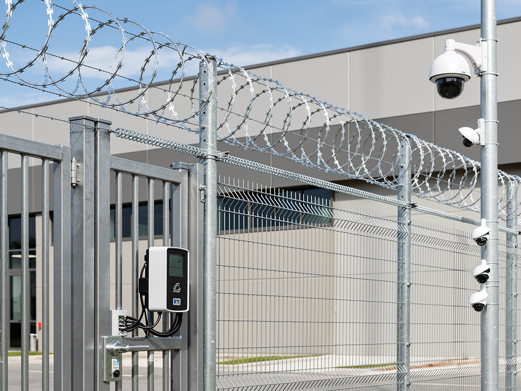 Valla de seguridad industrial con alambre de púas, cámaras de vigilancia y control de acceso
