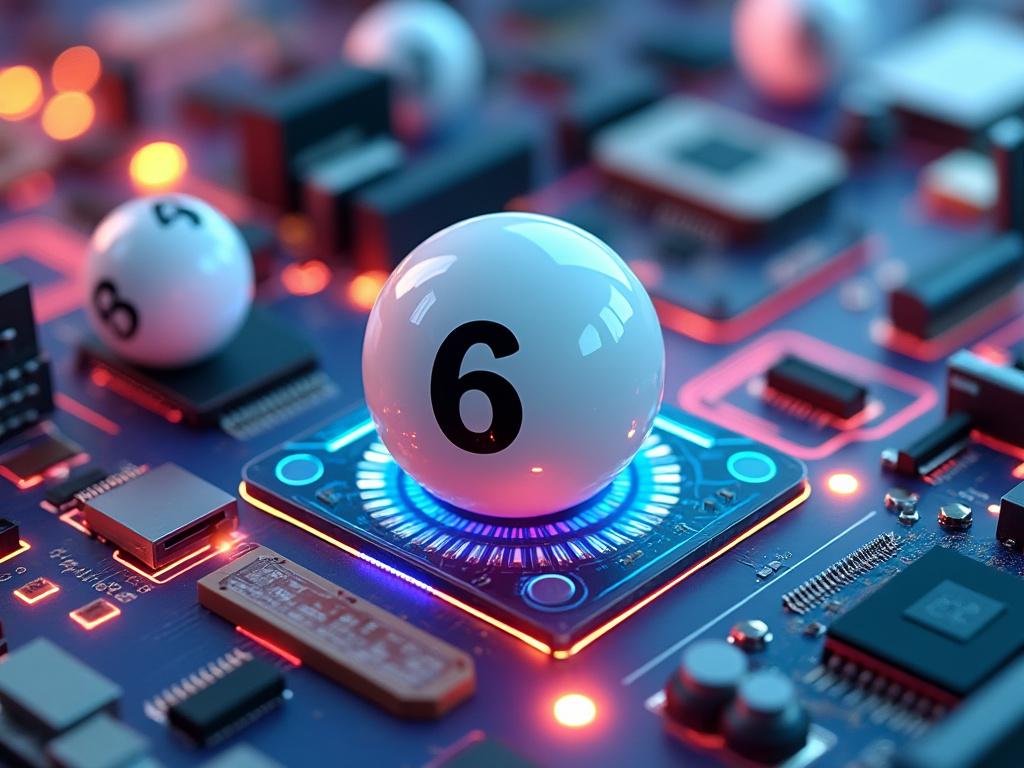 Futuristic scene with a lottery ball number six on a glowing electronic circuit board.