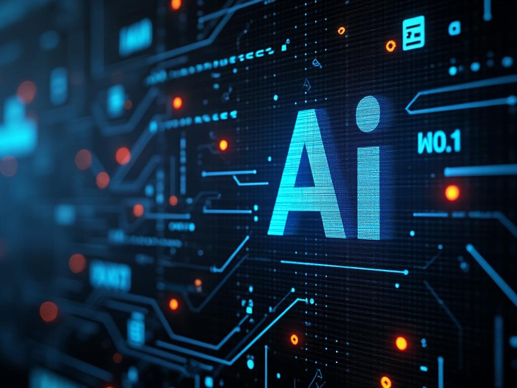 Pantalla digital azul con el texto 'AI' rodeado de gráficos tecnológicos y circuitos.