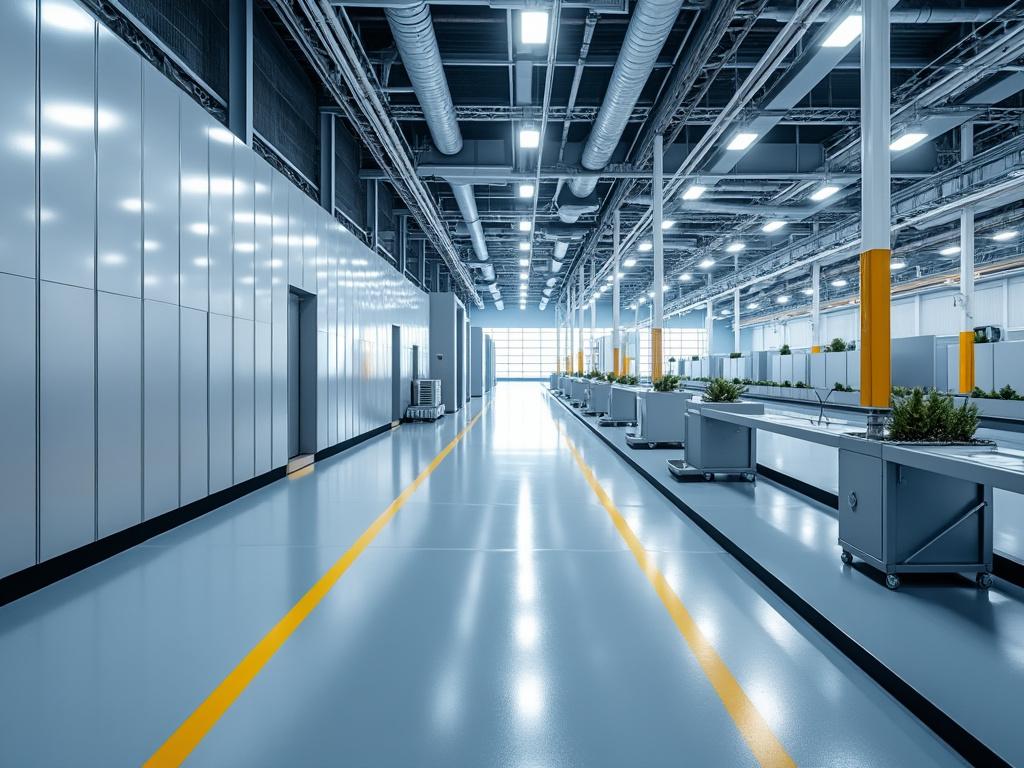 Interior de una moderna planta de manufactura con pasillo amplio, suelo brillante gris y paredes metálicas, iluminación industrial y líneas amarillas en el suelo.